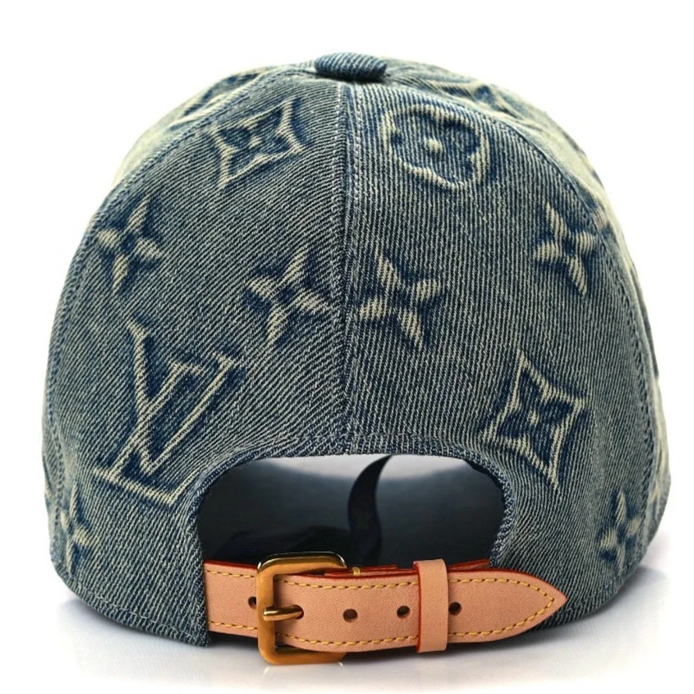 Monogram Denim Embossed Baseball Cap Hat Stiff Logo Canvas Leather Back Strap - Picture 7 of 10